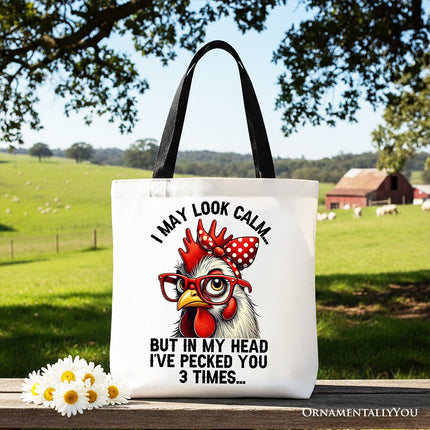Pecking Chicken Tote Bag, Red Glasses and Bow White Gift Shopper for Sassy Women - Dashing Nova