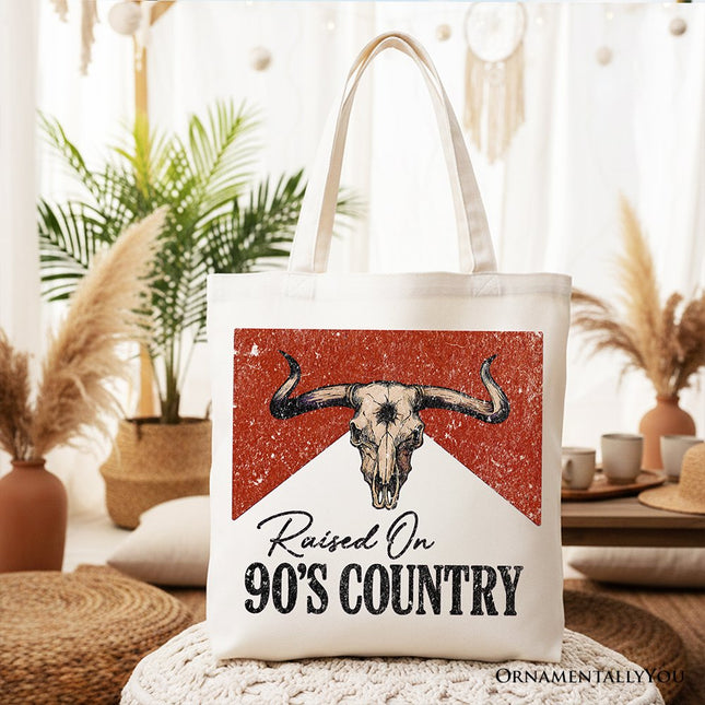 Raised On 90s Country Tote Bag, Vintage Bull Skull Gift Shopper - Dashing Nova