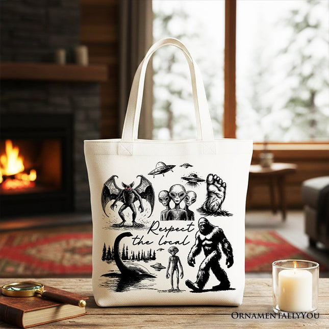 Respect The Local Cryptid Squad Canvas Canvas Tote Bag, Funny Bigfoot Alien Mothman Meme Gift Shopper - Dashing Nova