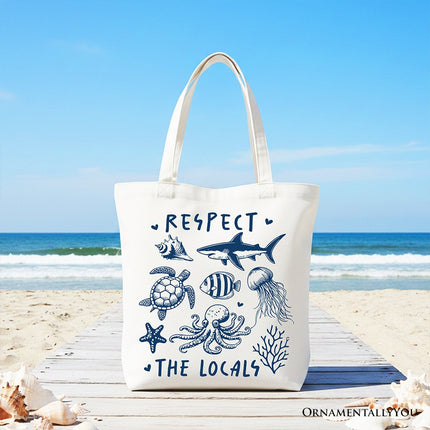 Respect the Locals Ocean Animals Canvas Tote Bag, Cute Vacation Gift Shopper