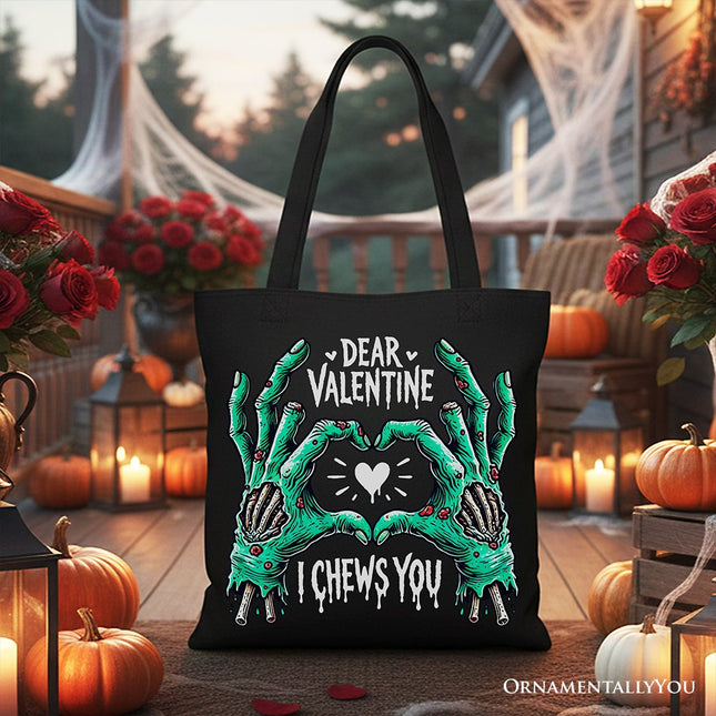 Zombie Valentine Hands I Chews You Canvas Tote Bag, Funny Bag for Horror Spring Season - Dashing Nova