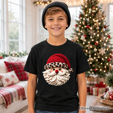 Kids Santa Leopard Hat Christmas T-Shirt, Imitation Latch Hook Yarn Cozy Youth Tee - Dashing Nova