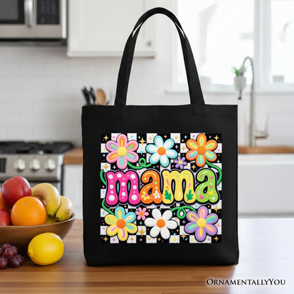 Retro Floral Mama Printed Faux Yarn Tote Bag, Colorful Mother's Day Gift Shopper - Dashing Nova