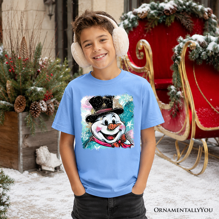 Kids Brushstroke Cute Snowman T-Shirt, Preppy Youth Merry Christmas Glitter Holiday Tee - Dashing Nova