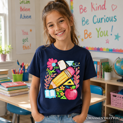 Kids Floral Student Pencil T-Shirt, Colorful Back to School Tee for Youth - Dashing Nova
