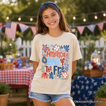Kids America Land of the Free T-Shirt, Retro Youth Floral Independence Day Tee - Dashing Nova
