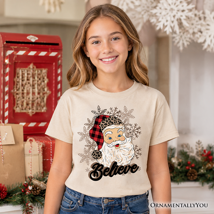 Kids Believe Santa Buffalo Plaid T-Shirt, Retro Christmas Youth Tee - Dashing Nova