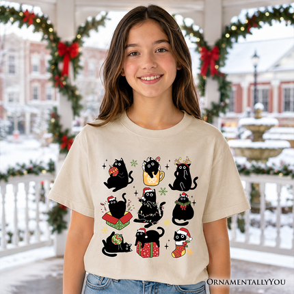 Kids Christmas Black Cats T-Shirt, Whimsical Cats with Santa Hat Youth Tee - Dashing Nova