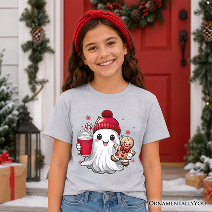 Kids Cute Ghost Christmas T-Shirt, Adorable Gingerbread and Cocoa Holiday Youth Tee - Dashing Nova
