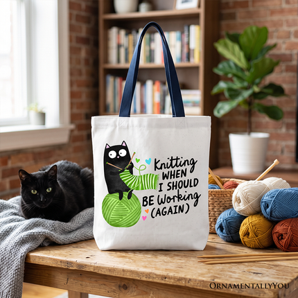 Knitting Black Cat Cute Tote Bag, Funny Working Crafter Phrase Gift Shopper