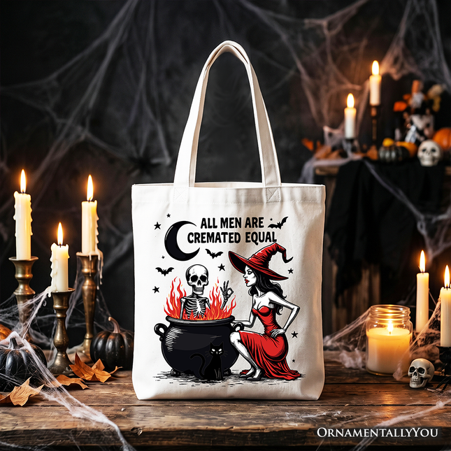 All Men Are Cremated Equal Halloween Tote Bag, Funny Witch - Dashing Nova