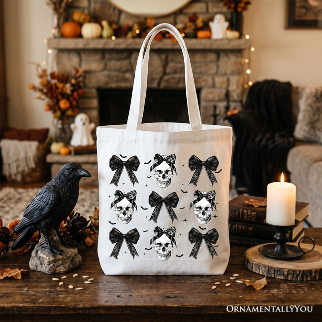 Coquette Skulls and Bows Tote Bag, Gothic Halloween Gift Shopper for Stylish Women - Dashing Nova
