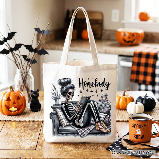 Homebody Reading Skeleton Tote Bag, Funny Lazy Selfcare Gift Shopper for Introvert Women - Dashing Nova