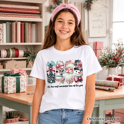 Kids Coquette Pink Christmas T-Shirt, It's The Most Wonderful Time Of The Year Vintage Tree, Reindeer, Santa and Snowman Youth Tee - Dashing Nova
