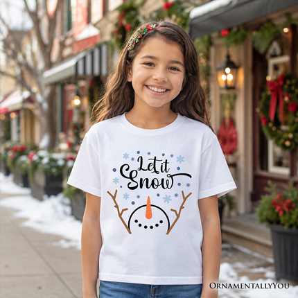 Kids Let It Snow Snowman T-Shirt, Snowflakes Minimalist Youth Tee for Winter Holiday Season - Dashing Nova