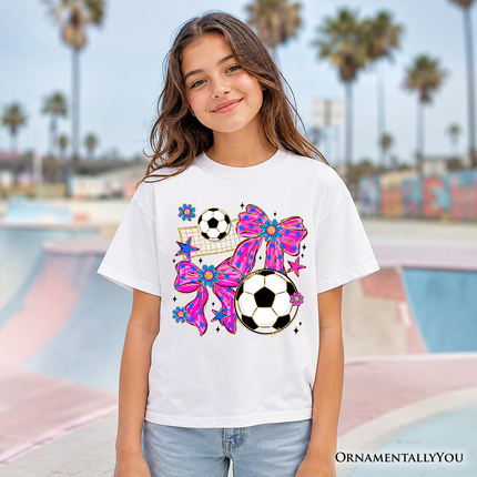 Kids Soccer Coquette Pink Bow T-Shirt, Preppy Game Day Tee for Youth Girls - Dashing Nova