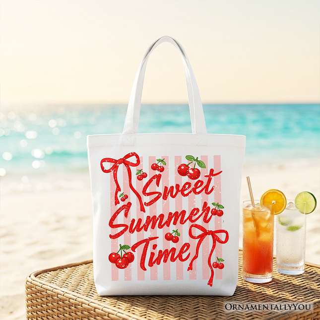 Striped Cherry Sweet Summer Time Tote Bag, Coquette Vacation Gift Shopper - Dashing Nova