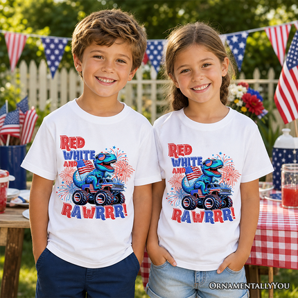 Kids Patriotic Dinosaur Monster Truck T-Shirt, Red White and Rawrr 4th of July Youth Tee - Dashing Nova