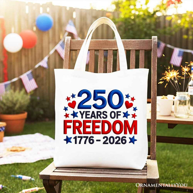 250 Years Freedom Faux Varsity Patch Tote Bag, 4th of July USA Patriotic 1776–2026 Gift Shopper