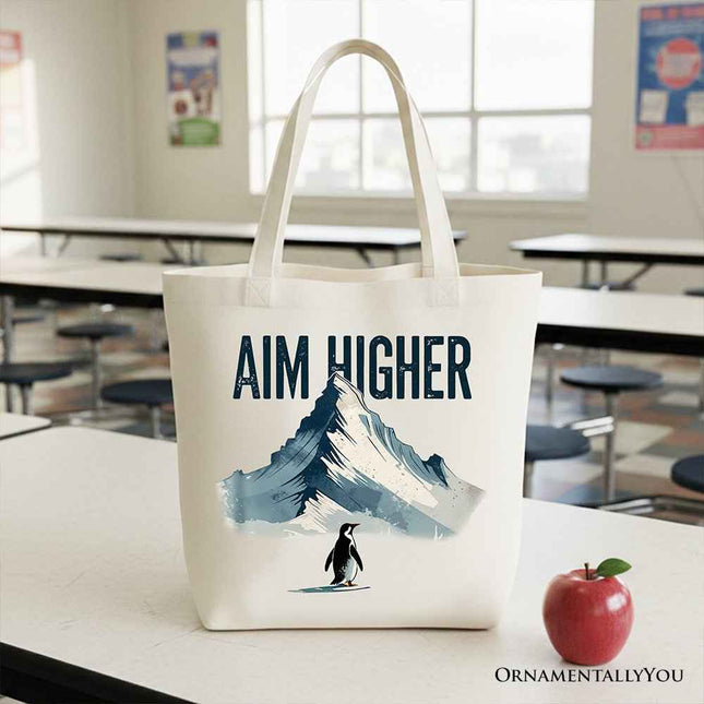 Aim Higher Penguin Tote Bag, Vintage Mountain Motivational Quote Gift Shopper
