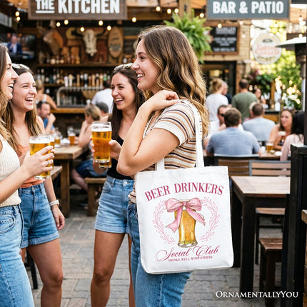 Beer Drinkers Social Club Tote Bag, Coquette Pink Bow Gift Shopper for Girly Summer Bachelorette Vibes - Dashing Nova