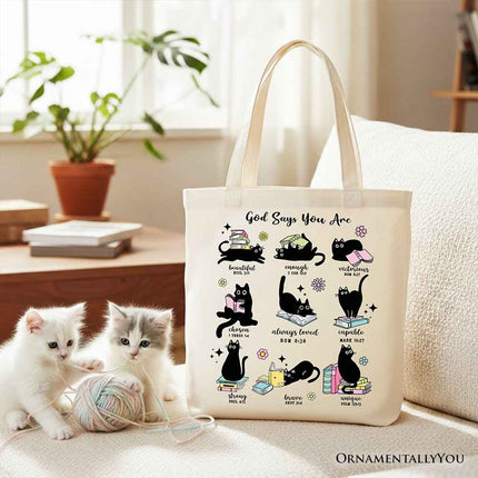 Book Cat God Says I Am Tote Bag, Christian Bible Verse Faith Gift Shopper