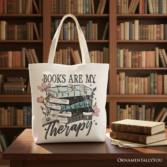 Books Are My Therapy Floral Vintage Canvas Tote Bag, Reading Aesthetic Gift Shopper for Bookworms - Dashing Nova