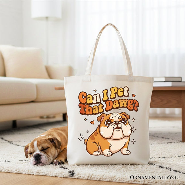 Can I Pet That Dawg Bulldog Retro Tote Bag, Cute Funny Dog Lover Gift Shopper - Dashing Nova