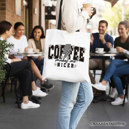 Coffee Makes Me Nicer Retro Tote Bag, Trendy Gift Shopper for Stylish Women and Caffeine Lovers
