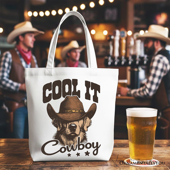 Cool It Cowboy Canvas Tote Bag With Western Dog, Retro Golden Retriever Gift Shopper for Country Lover - Dashing Nova