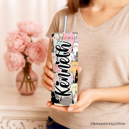 Cute Cats 20oz Personalized Tumbler With Lid and Stainless Steel Straw, Cozy Cat Owner Travel Mug Gift