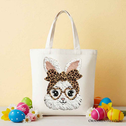 Easter Bunny Leopard Bow Tote Bag, Coquette Printed Faux Embroidery Girly Spring Gift Shopper