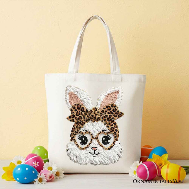 Easter Bunny Leopard Bow Tote Bag, Coquette Printed Faux Embroidery Girly Spring Gift Shopper