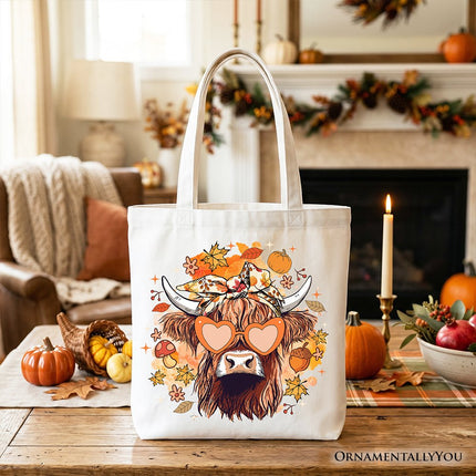 Fall Highland Cow Tote Bag, Messy Bun Howdy Gift Shopper with Autumn Vibes - Dashing Nova