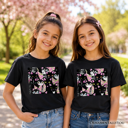 Floral Cat Pattern Kids T-Shirt, Cute Kitten Collage Tee for Youth Girls - Dashing Nova