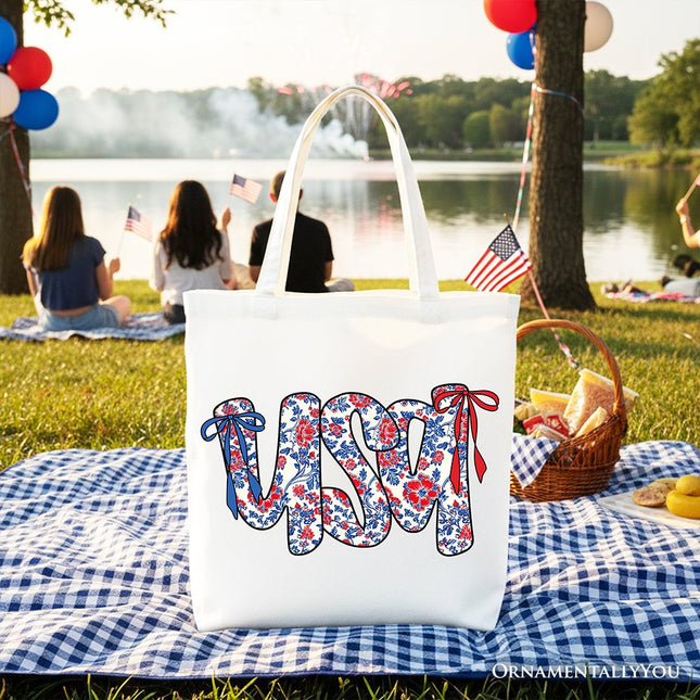 Floral USA Patriotic Canvas Tote Bag, 4th of July Gift Shopper for Stylish Women - Dashing Nova