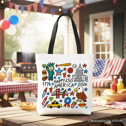 Happy 250 America Doodle Tote Bag, Patriotic USA 1776-2026 250th Anniversary Gift Shopper - Dashing Nova