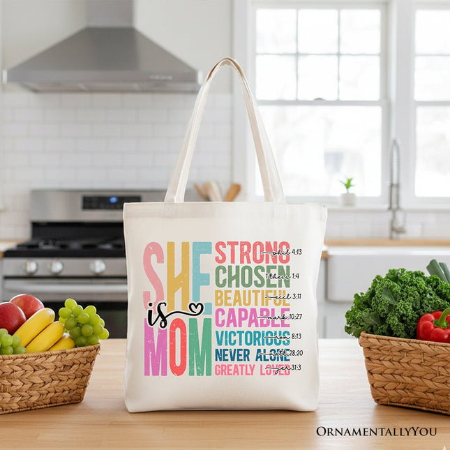 Inspirational Christian Mom Canvas Tote Bag, Affirmation Gift Shopper for Strong and Motivated Mothers - Dashing Nova