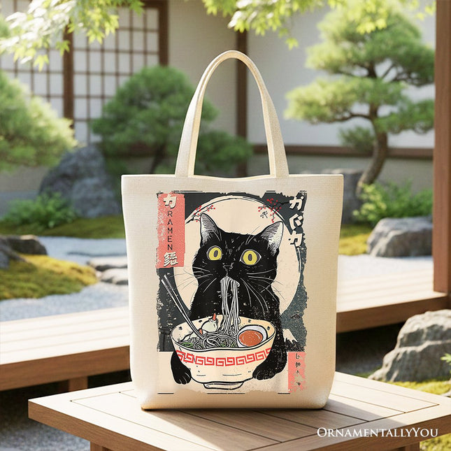 Kawaii Anime Cat Eating Ramen Canvas Tote Bag, Noodle Japanese Art Style Gift Bag - Dashing Nova