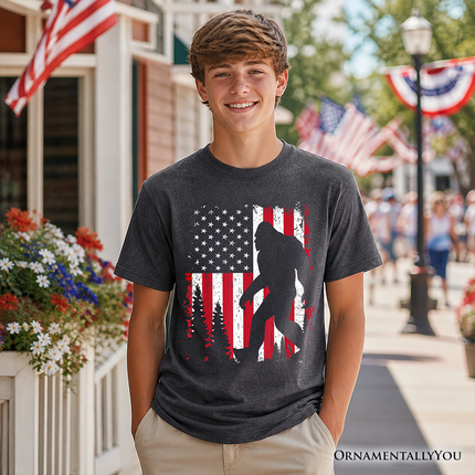 Kids Bigfoot American Flag T-Shirt, Youth Patriotic Sasquatch Tee - Dashing Nova