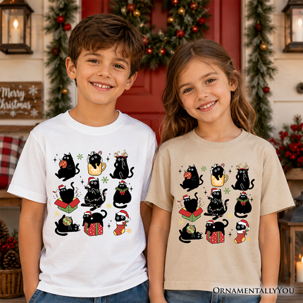 Kids Christmas Black Cats T-Shirt, Whimsical Cats with Santa Hat Youth Tee - Dashing Nova