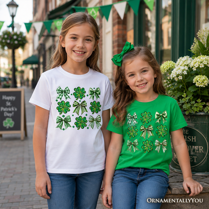 Kids Coquette Clover Bows St Patrick's Day T-Shirt, Green Irish Lucky Shamrock Tee for Youth - Dashing Nova
