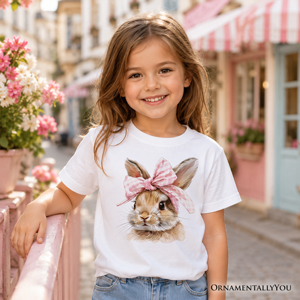 Kids Easter Bunny Coquette Pink Bow T-Shirt, Cute Watercolor Spring Tee for Youth Girls - Dashing Nova