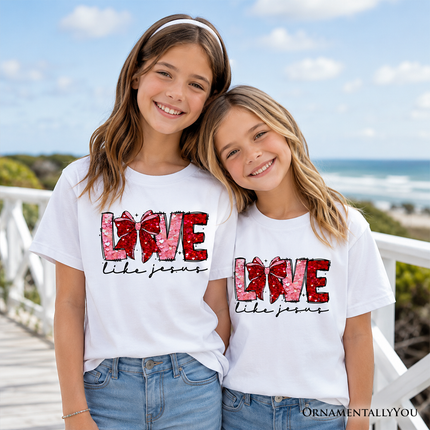 Love Like Jesus Kids Valentine T-Shirt, Coquette Bow Christian Hearts Tee for Youth - Dashing Nova
