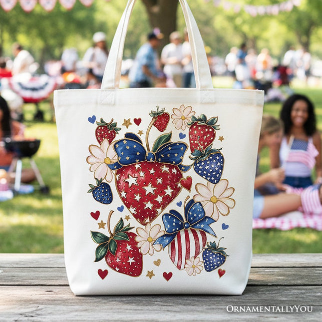 Patriotic Boho Strawberries Bouquet Canvas Tote Bag, 4th of July Festive Patch Gift - Dashing Nova