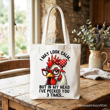 Pecking Chicken Tote Bag, Red Glasses and Bow White Gift Shopper for Sassy Women - Dashing Nova