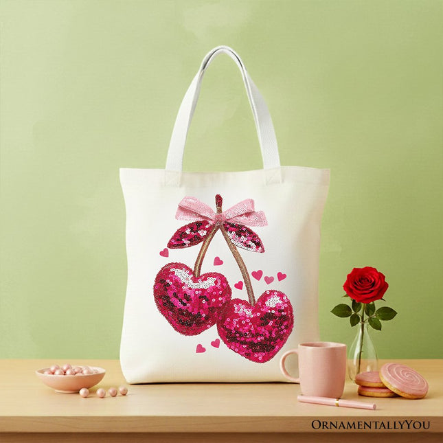 Sequin Pink Cherry Heart Canvas Tote Bag, Valentine Coquette Trendy Women Gift - Dashing Nova