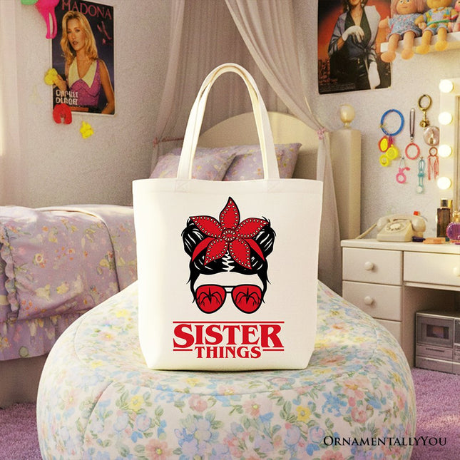 Sister Things Messy Bun Retro Canvas Tote Bag, Red Bandana Glasses Family Matching Gift Shopper - Dashing Nova