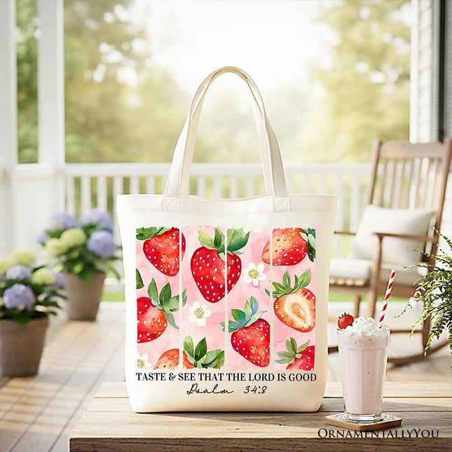 Taste and See That The Lord is Good Strawberry Canvas Tote Bag, Christian Faith Gift Shopper