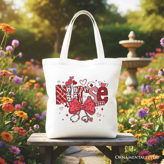 Valentine Nurse Coquette Bow Canvas Tote Bag, Cupid Favorite Nurse Work Shopper